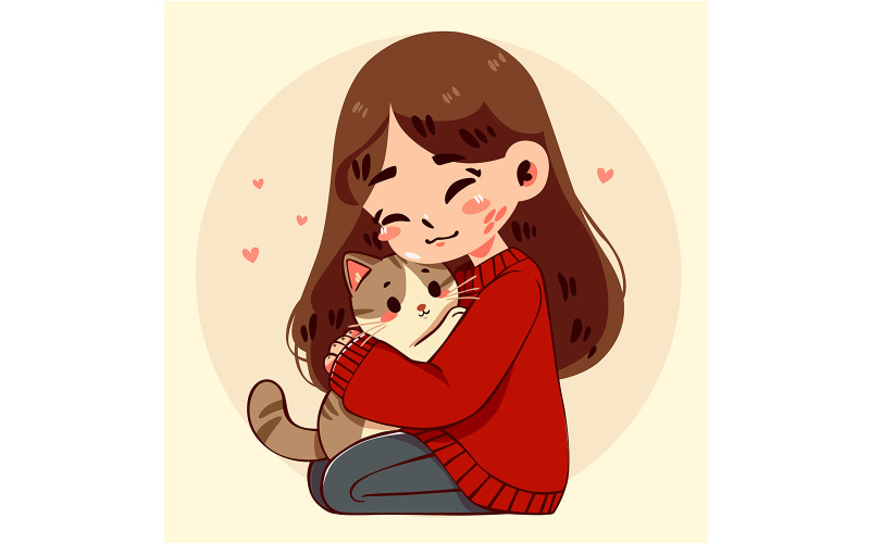 Cartoon Girl Hugging a Cat Illustration