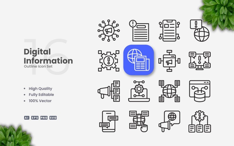 16 Digital Information Outline Icons Set Icon Set