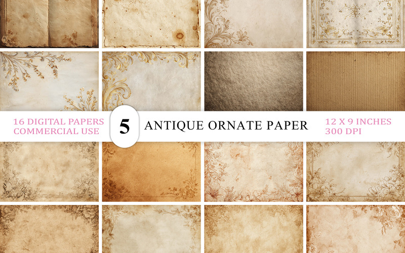 Vintage Decorative Paper Pack | Old Book Page Texture Set | Royal Scroll & Paper Texture Bundle Background