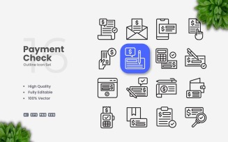 16 Payment Check Outline Icons Set