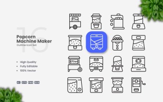 16 Popcorn Machine Maker Outline Icons Set