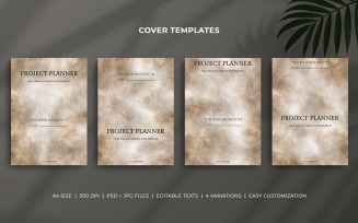 Project Planner Cover Templates with Brown Watercolor Background - Minimal Editable Design