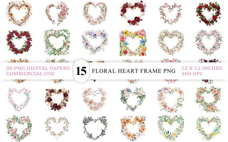 Delicate Floral Heart Frame | Shabby Chic Pastel Heart Frames for Crafts | Lush Botanical Heart Illustration