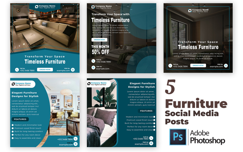 5 Elegant Furniture Social Media Templates PSD