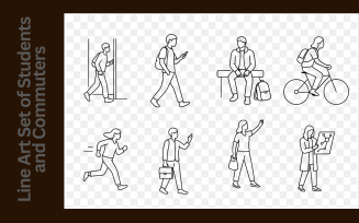 Minimalist Line Art Set of Students and Commuters – Walking, Studying, and Campus Life Scenes