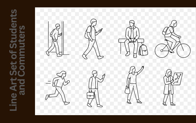 Minimalist Line Art Set of Students and Commuters – Walking, Studying, and Campus Life Scenes Corporate Identity