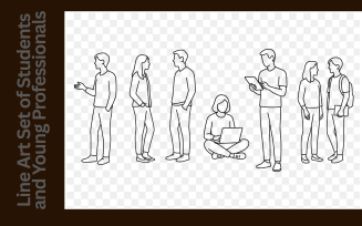 Minimalist Line Art Set of Students and Young Professionals Talking, Studying, and Using Technology