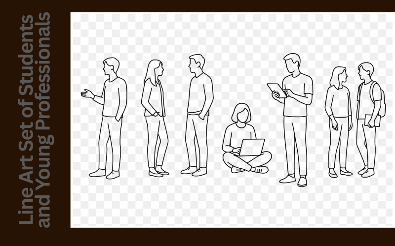 Minimalist Line Art Set of Students and Young Professionals Talking, Studying, and Using Technology Corporate Identity