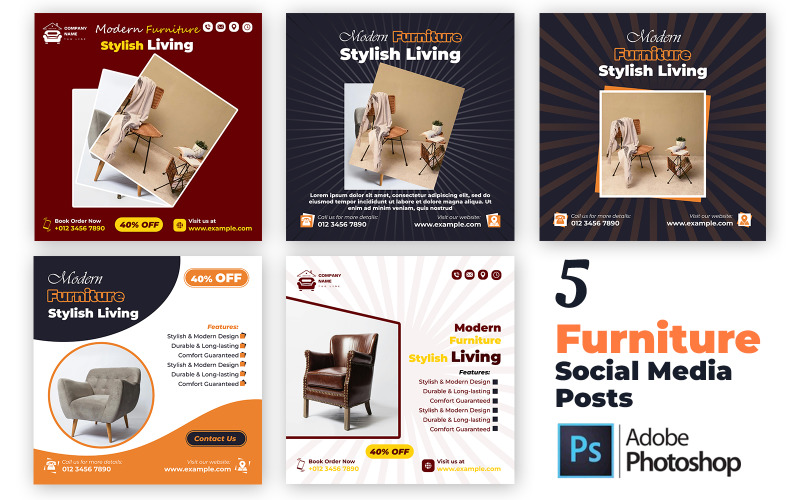 5 Modern Rustic Furniture Social Media Templates PSD