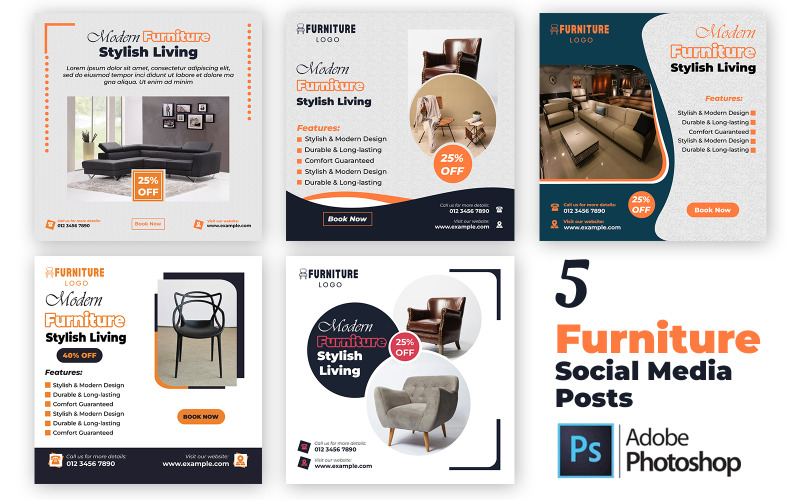 5 Scandinavian Furniture Social Media Templates PSD