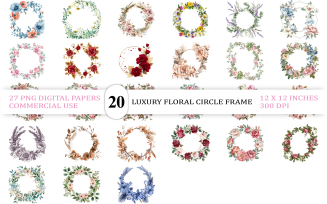 Feminine Floral Circle Frame for Invitations | Light Pink & Blue Round Floral Clipart Bundle