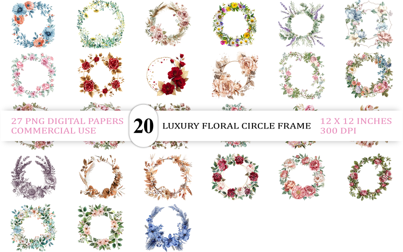 Feminine Floral Circle Frame for Invitations | Light Pink & Blue Round Floral Clipart Bundle Illustration