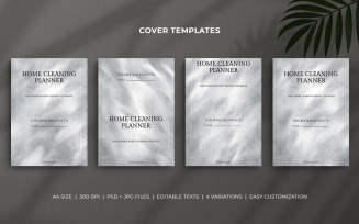 Home Cleaning Planner Cover Templates – Silver Grey Watercolor Background – Editable PSD Set