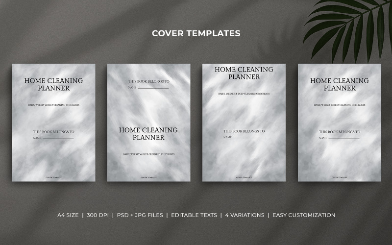 Home Cleaning Planner Cover Templates – Silver Grey Watercolor Background – Editable PSD Set Corporate Identity