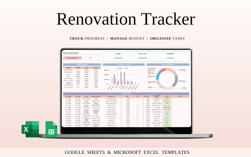 Renovation Tracker Spreadsheet Template for Google Sheets and Excel