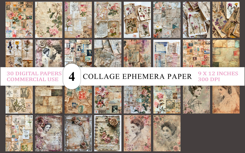 Old Paper Vintage Collage Kit | Antique Scrapbook Backgrounds | Vintage Collage Ephemera Paper