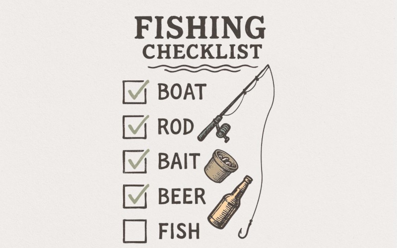 Fishing Checklist PNG, Boat Rod Bait Beer Fish, Funny Fisherman Digital Download, Printable Shirt Illustration