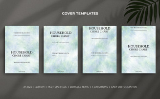 Household Chore Chart Cover Template Set, Green Blue Watercolor - Editable Minimal Planner Cover