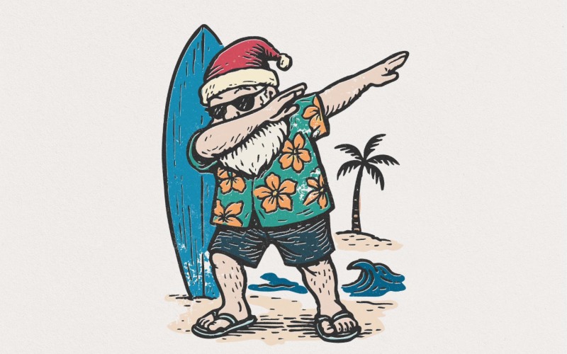 Santa Claus Dabbing PNG, Surfing Christmas Shirt PNG, Tropical Holiday Beach Santa, Funny Summer Illustration