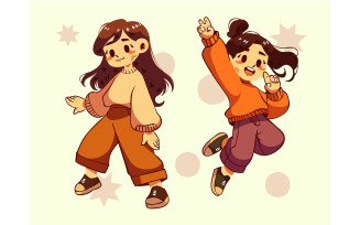 Cartoon Girls Dancing with Their Hands Up