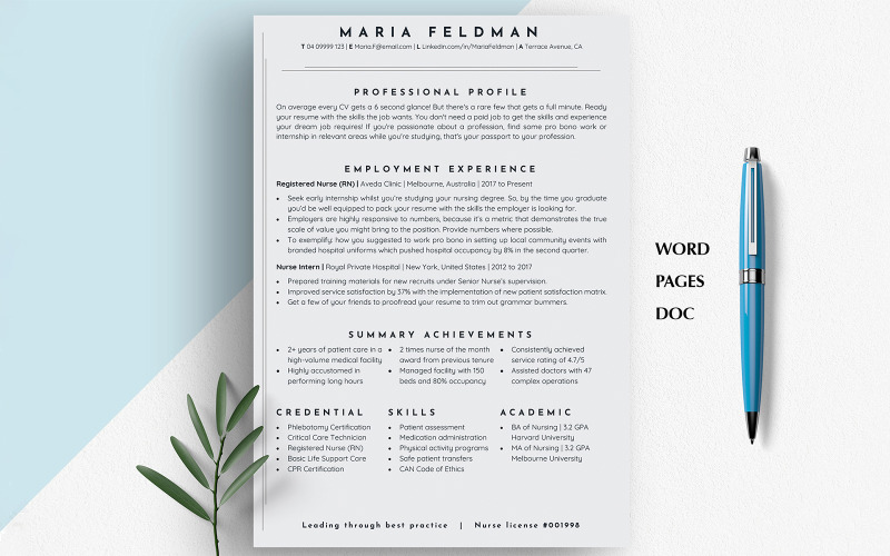 CLEAN MINIMALIST Resume Template, Nurse/Rn/Registerd Nurse, Registered Nurse Resume, CV Template
