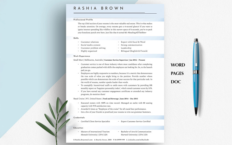 Customer Service Resume Template – Word, Google Docs Resume, Mac Pages CV, Minimalist Word Template