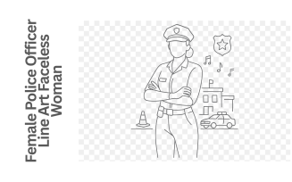 Female Police Officer Line Art Faceless Woman in Uniform with Patrol Car & Station