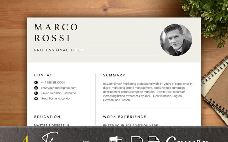 Minimal Professional Resume CV Template | Editable | 1-Page CV | Word, PDF, PSD Canva Format Resume Template