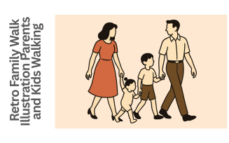 Retro Family Walk Illustration Parents and Kids Walking Together