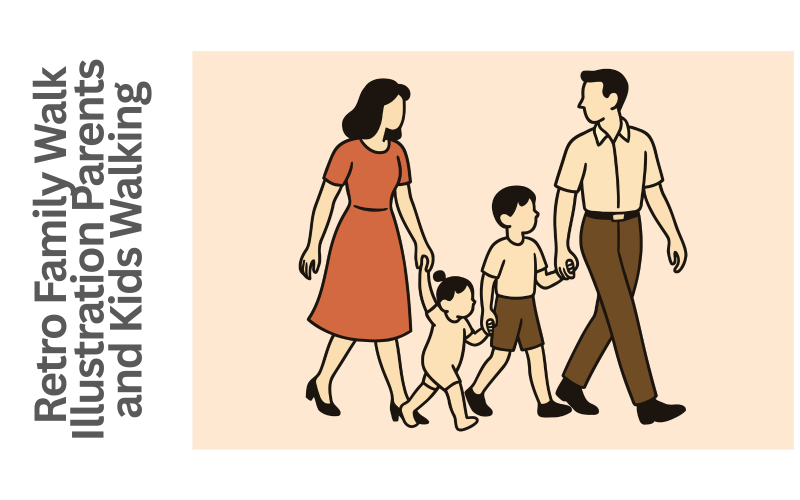Retro Family Walk Illustration Parents and Kids Walking Together