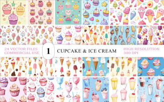 Hand-Drawn Cupcake & Ice Cream Patterns | Cute Cupcake & Ice Cream Vector Bundle