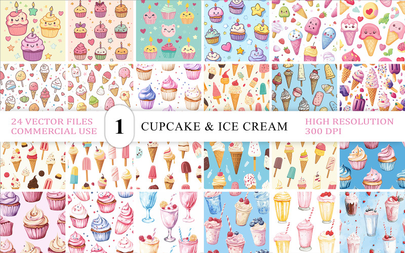 Hand-Drawn Cupcake & Ice Cream Patterns | Cute Cupcake & Ice Cream Vector Bundle Illustration