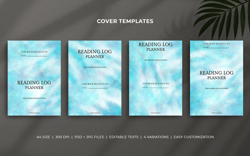 Reading Log Planner Cover Templates - Blue Watercolor Minimal Design - Editable KDP Covers Corporate Identity