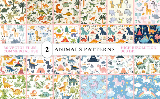 Jungle Safari & Dinosaur Cartoon Pattern Bundle | Seamless Cute Dinosaur, Jungle Fantasy Animal