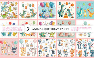 Party Animals Vector | Kids Birthday Animals & Dino Party | Dinosaur & Animal Birthday Party