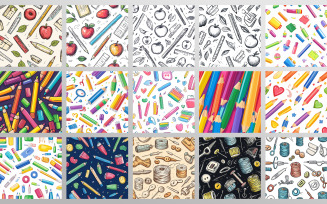 School Supplies & Sewing Tools Seamless Pattern Vector | Back to School Stationery & Sewing