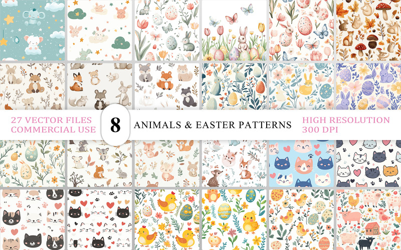 Woodland Animals & Easter Seamless Pattern | Cute Forest Animals Easter Eggs Spring Flowers Illustration