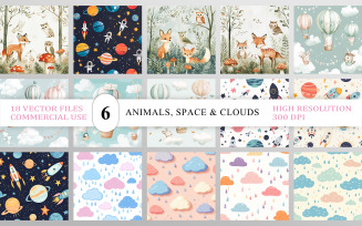 Woodland Animals Space & Cloud Seamless Pattern | Cute Forest Animals Hot Air Balloon Space
