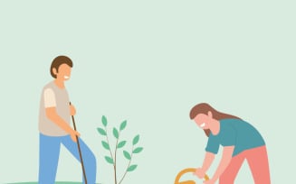 Eco-Friendly Tree Planting Scene: Flat Vector Illustration