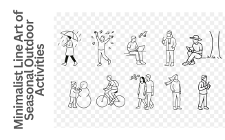 Minimalist Line Art of Seasonal Outdoor Activities – Autumn, Winter, and Spring Lifestyle Scenes