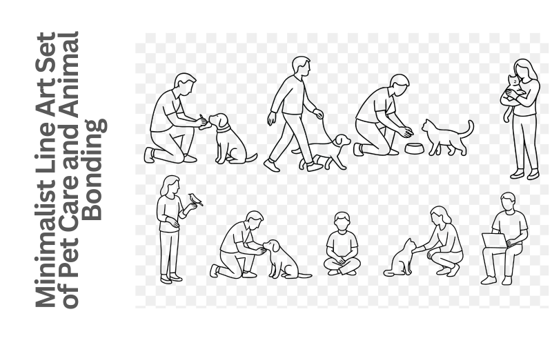 Minimalist Line Art Set of Pet Care and Animal Bonding – Dogs, Cats, and Owners Illustration