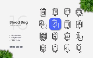 16 Blood Bag Outline Icons Set