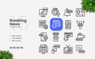 16 Breaking News Outline Icons Set