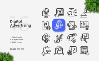 16 Digital Advertising Outline Icons Set