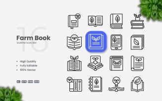 16 Farm Book Outline Icons Set