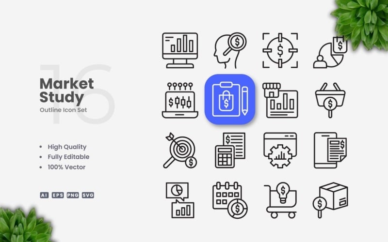 16 Market Study Outline Icons Set Icon Set