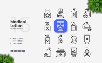 16 Medical Lotion Outline Icons Set