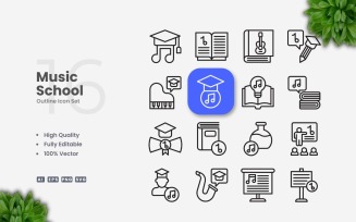 16 Music School Outline Icons Set