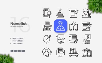 16 Novelist Outline Icons Set