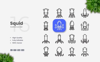 16 Squid Outline Icons Set